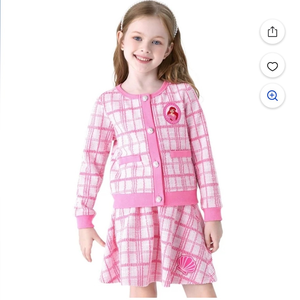 NWT Disney Ariel Pink Preppy Plaid Design Sweater Jacket Skirt 2 piece Set 5-6